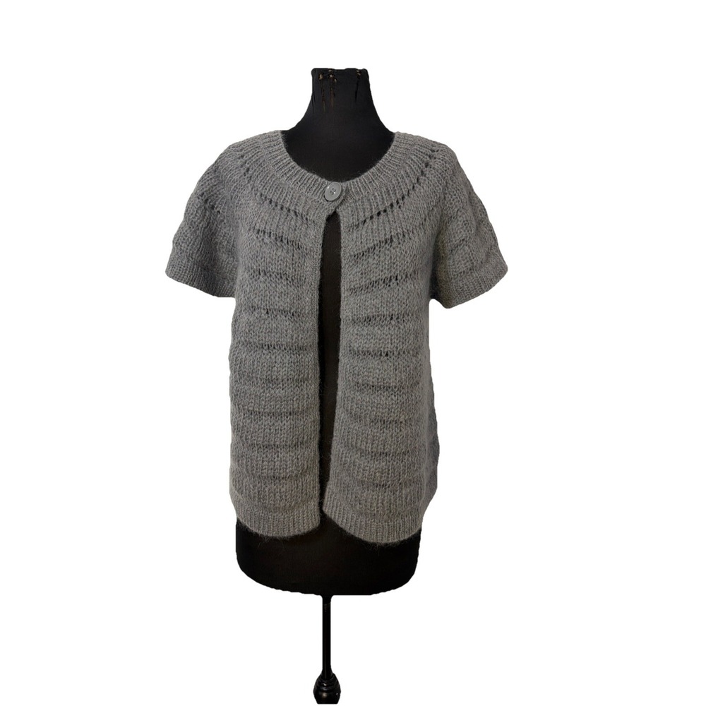 AK Mohair Blend Short Sleeve ANNE KLEIN CARDIGAN XL Gray Boho Open Knit